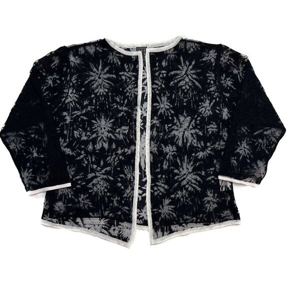 Due Per Due Mesh Cardigan Tropical Print Sheer Black White Women's XL Vacation - Picture 1 of 11